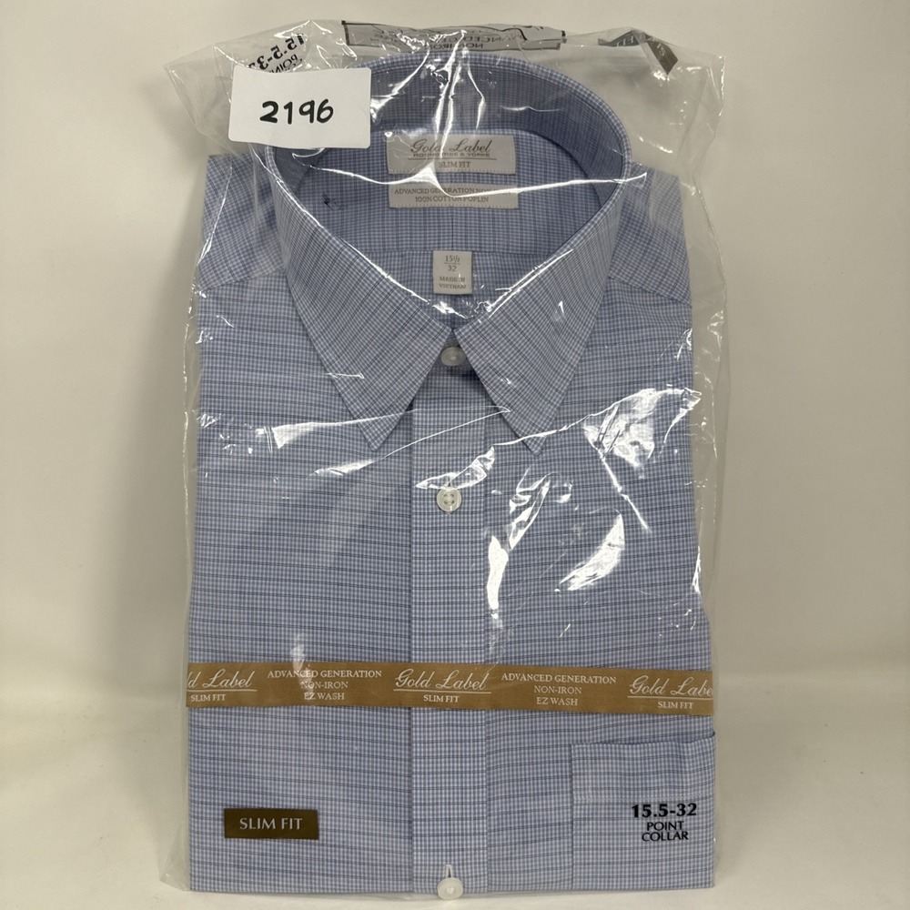 Roundtree Yorke Gold Label Dress Shirt Mens 15.5 32 Blue Check Slim Fit Poplin